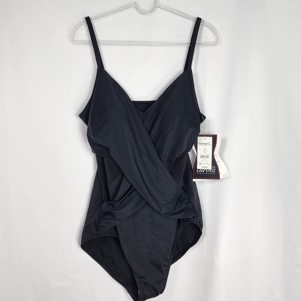 NWT Womens One Piece Slimming Swimsuit Black Tummy Control‎ Shaping Support XL 1